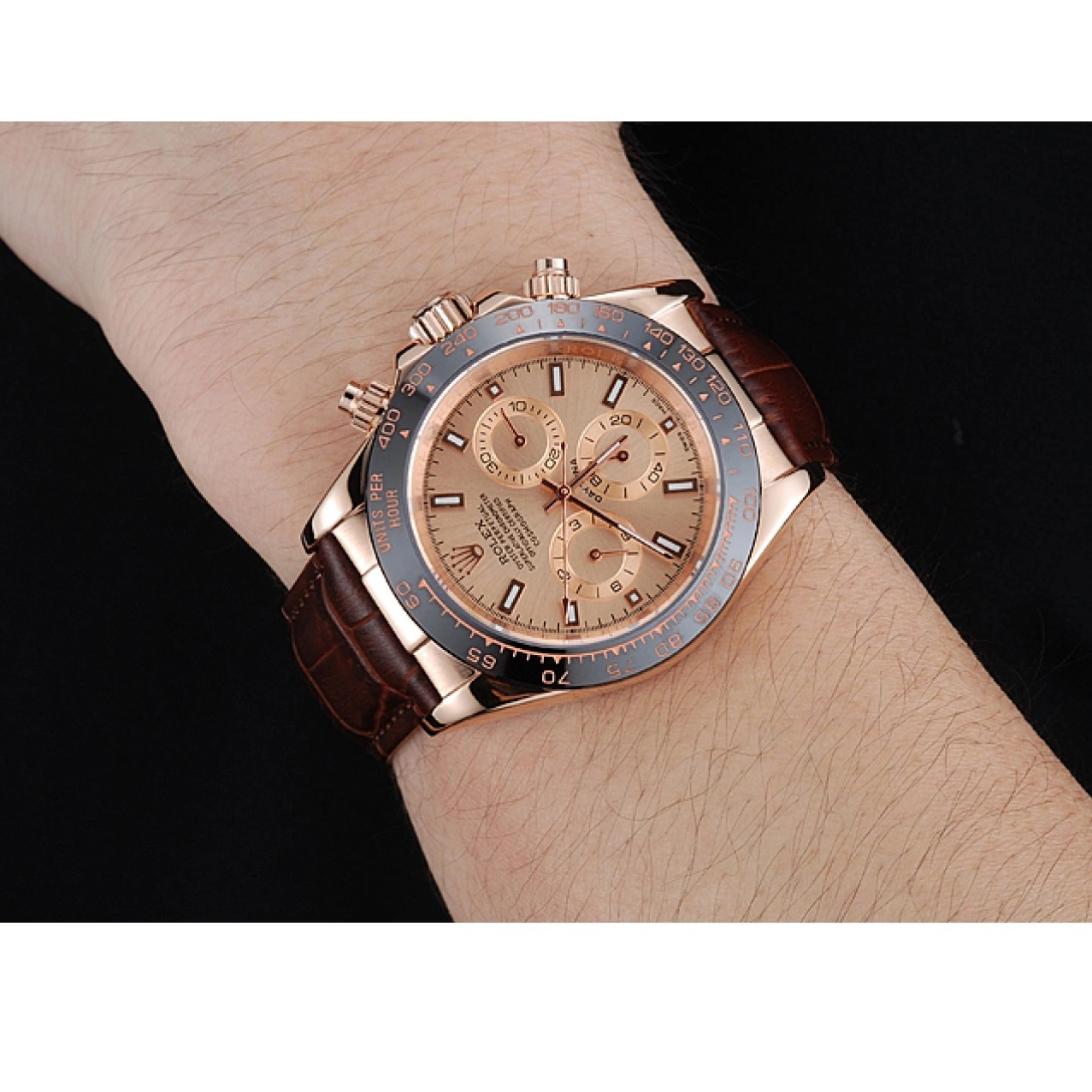 Aaa fake watches Brown Gold Cosmograph Leather Rose Bracelet Dial Case Rolex 1454243 Daytona Brown 1013